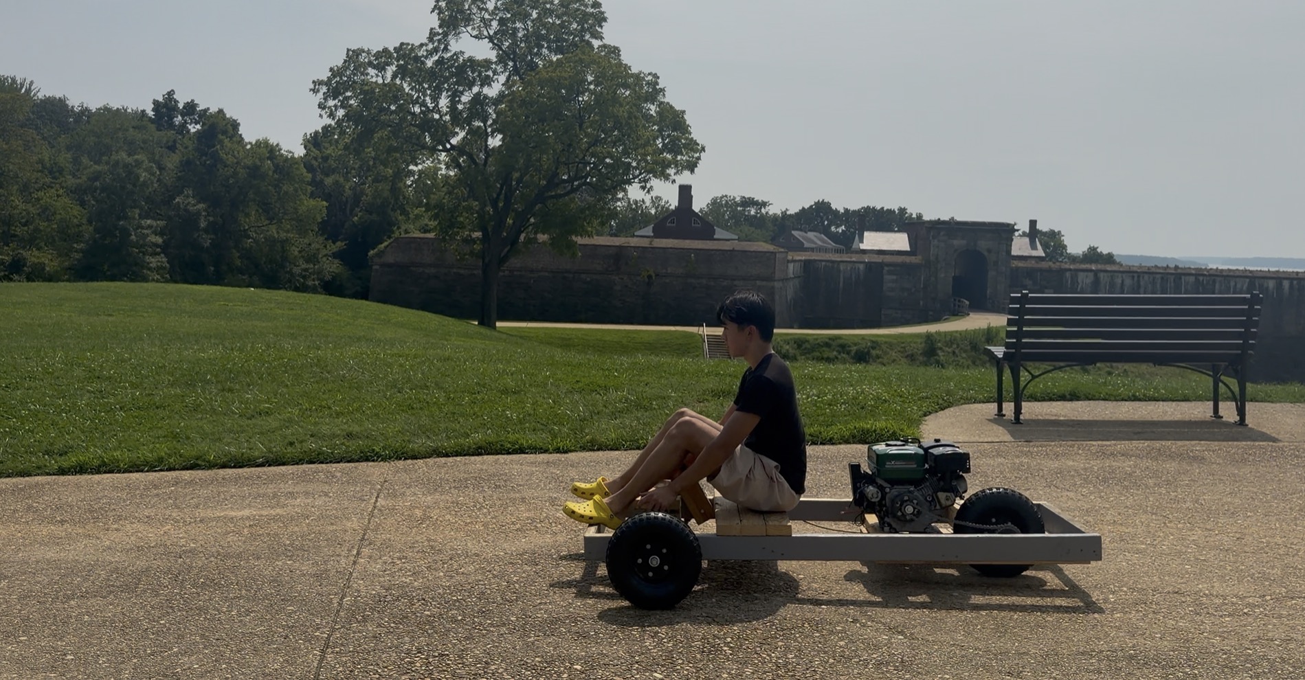 Wooden go-kart during testing